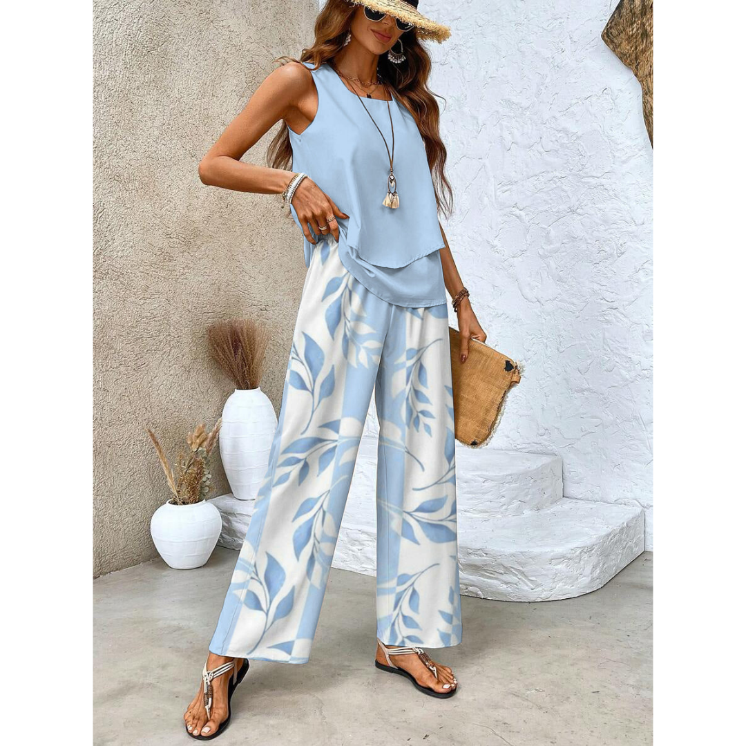 Vrouwen Co ord Set Met Gelaagde Top En Wijde Pantalon