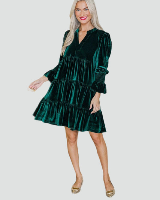 Luxe Dames Fluwelen Kerstjurk met Lange Mouwen en A-Lijn Pasvorm