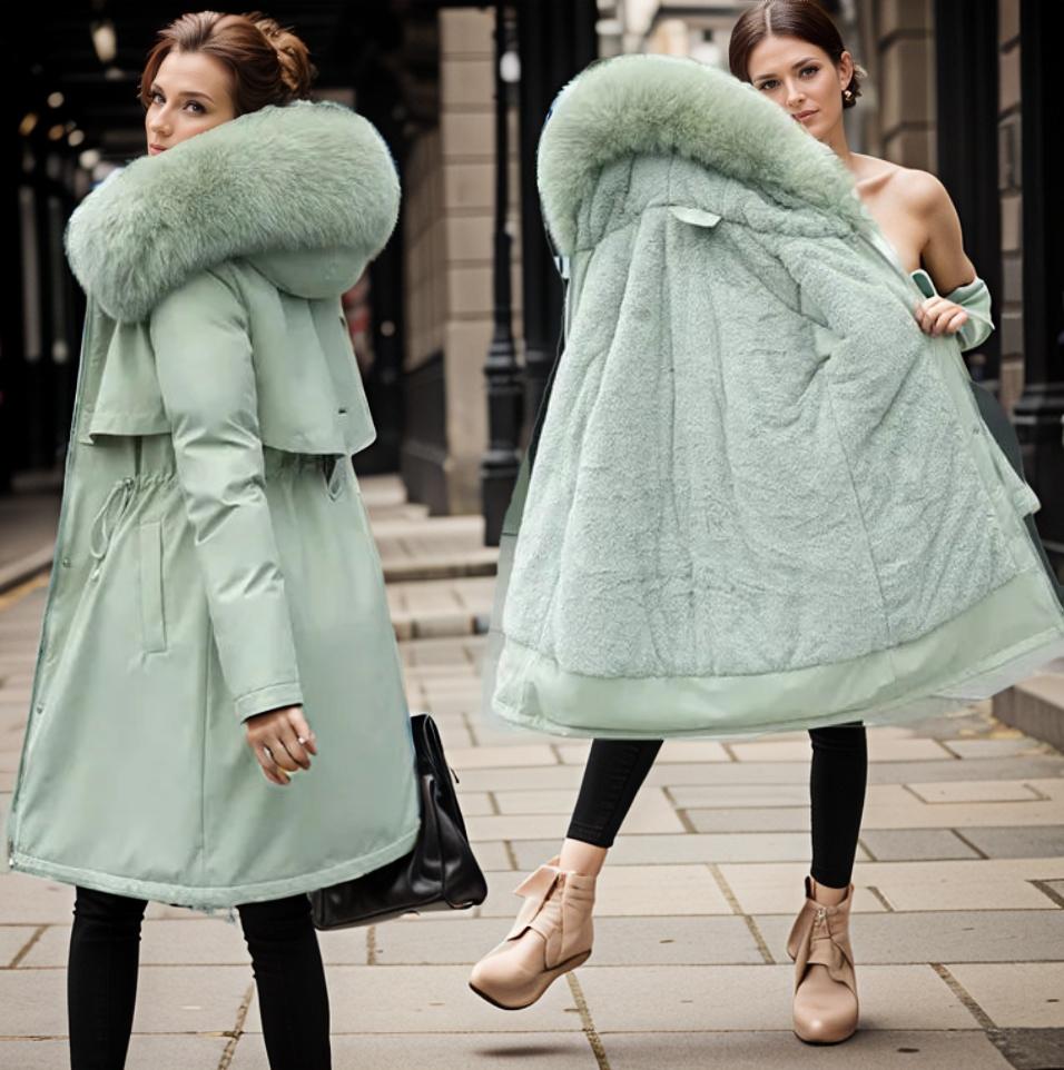 Dames winter midi puffer jas met capuchon en dikke kraag