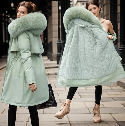 Dames winter midi puffer jas met capuchon en dikke kraag