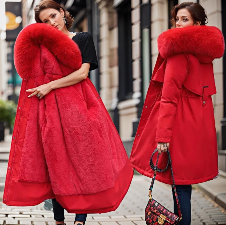 Dames winter midi puffer jas met capuchon en dikke kraag