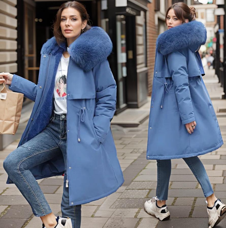 Dames winter midi puffer jas met capuchon en dikke kraag