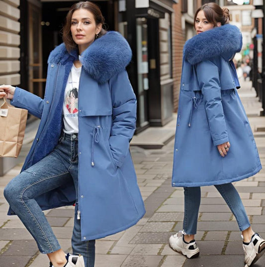 Dames winter midi puffer jas met capuchon en dikke kraag