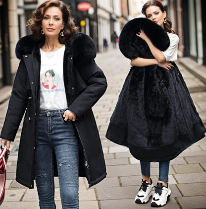 Dames winter midi puffer jas met capuchon en dikke kraag