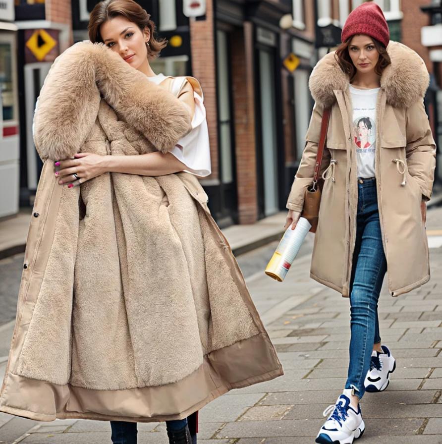 Dames winter midi puffer jas met capuchon en dikke kraag