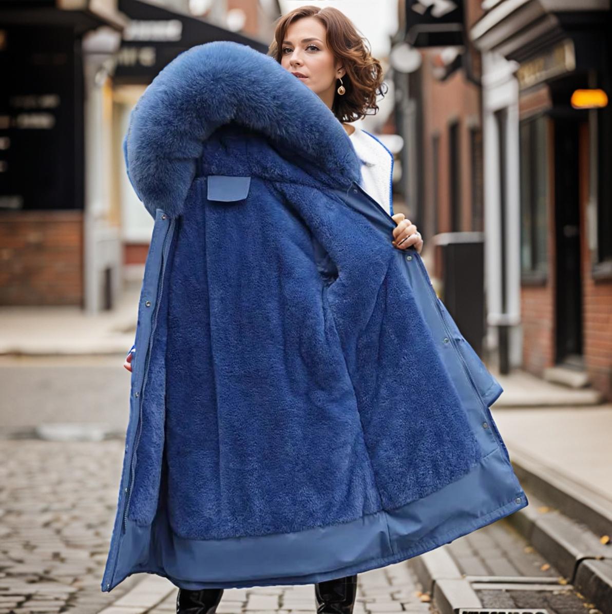 Dames winter midi puffer jas met capuchon en dikke kraag