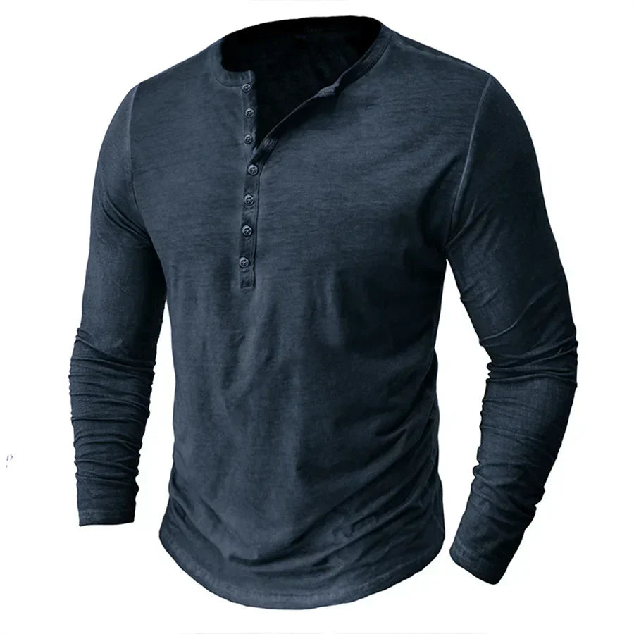 Heren Casual Henleyshirt Met Lange Mouwen En Knoopsluiting