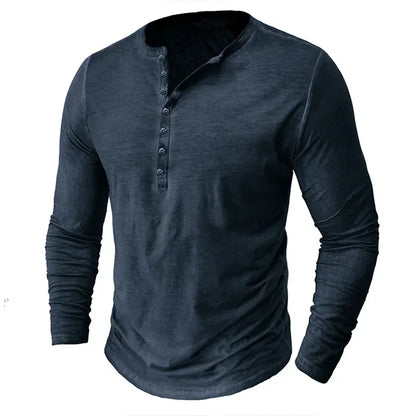 Heren Casual Henleyshirt Met Lange Mouwen En Knoopsluiting