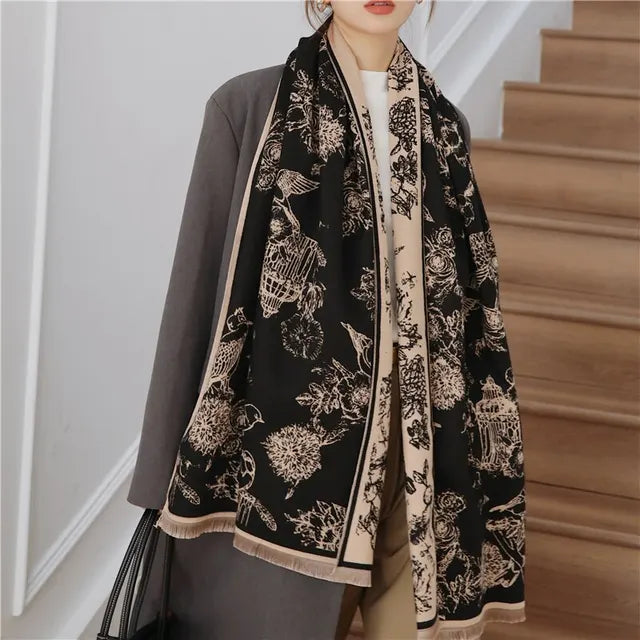 Dubbelzijdige Pashmina Sjaal Met Elegant Bloemenmotief Voor Vrouwen