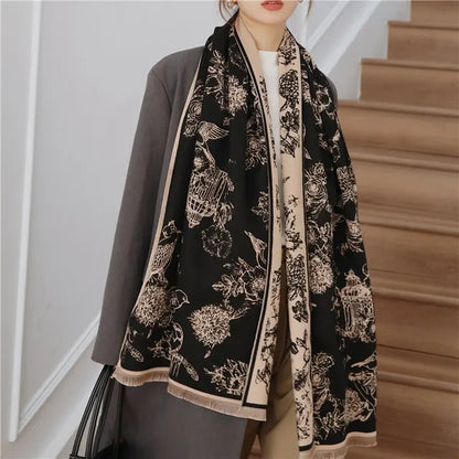 Dubbelzijdige Pashmina Sjaal Met Elegant Bloemenmotief Voor Vrouwen