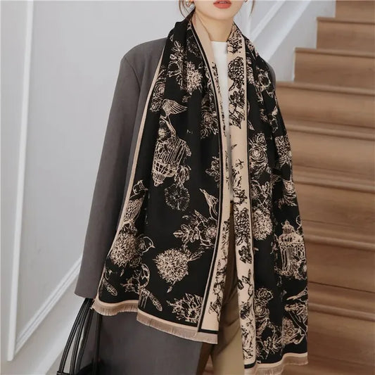 Dubbelzijdige Pashmina Sjaal Met Elegant Bloemenmotief Voor Vrouwen