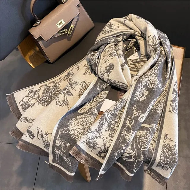 Dubbelzijdige Pashmina Sjaal Met Elegant Bloemenmotief Voor Vrouwen
