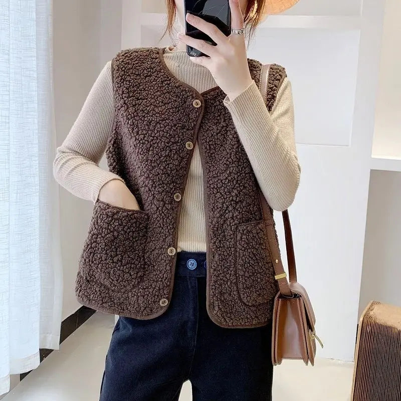 Zachte teddy fleece winter cardigan vrouwen mouwloos