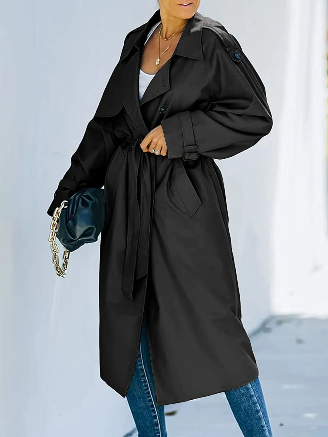 Dames Elegante Getailleerde Midi Trenchcoat Met Ceintuur