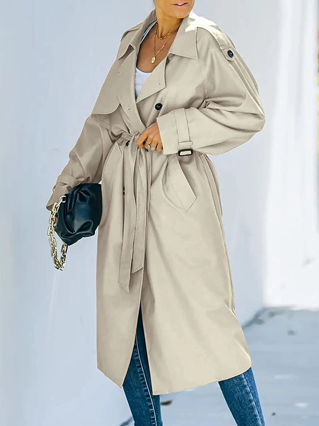 Dames Elegante Getailleerde Midi Trenchcoat Met Ceintuur