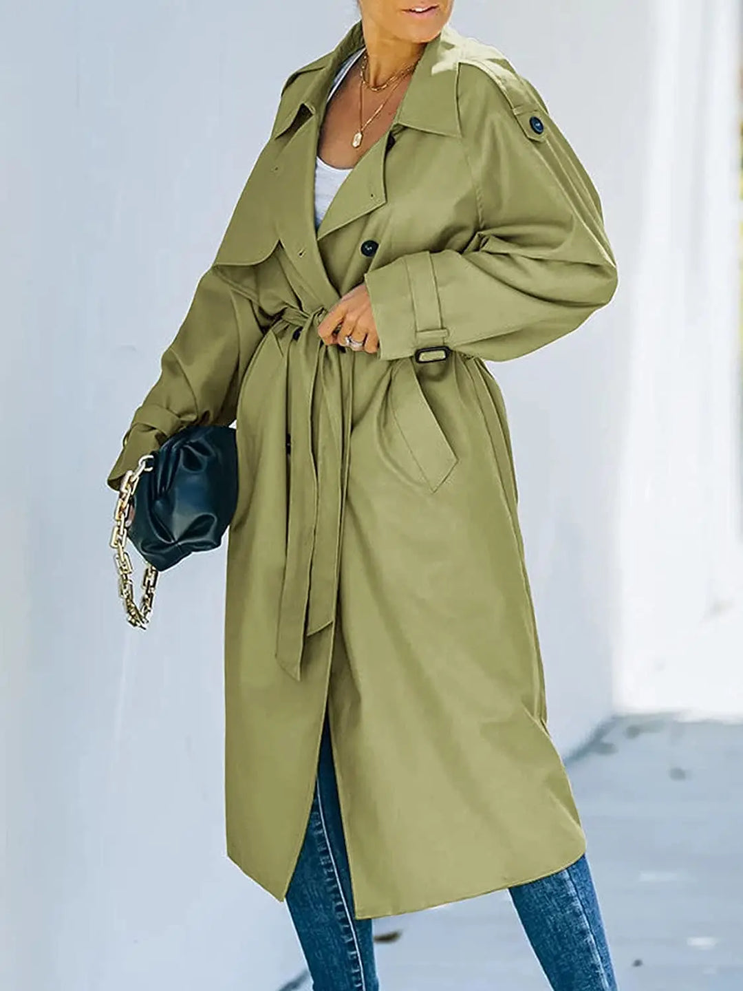 Dames Elegante Getailleerde Midi Trenchcoat Met Ceintuur