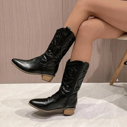 Dames Cowboylaarzen Western met Puntneus Blokhak en Stikseldetails