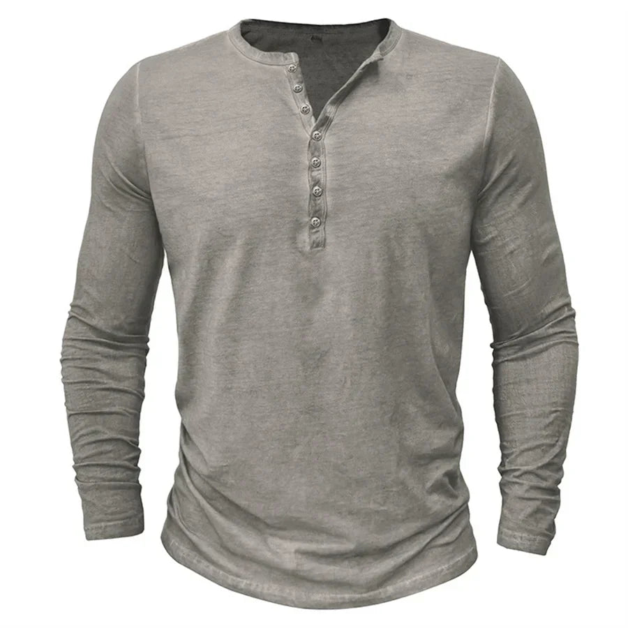 Heren Casual Henleyshirt Met Lange Mouwen En Knoopsluiting