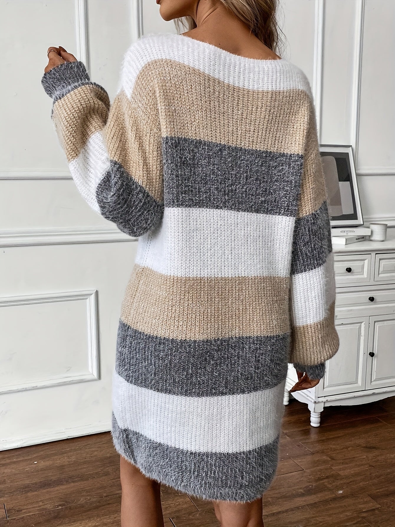 Dames Stijlvolle Gestreepte Mini Sweaterjurk Met Lange Mouwen