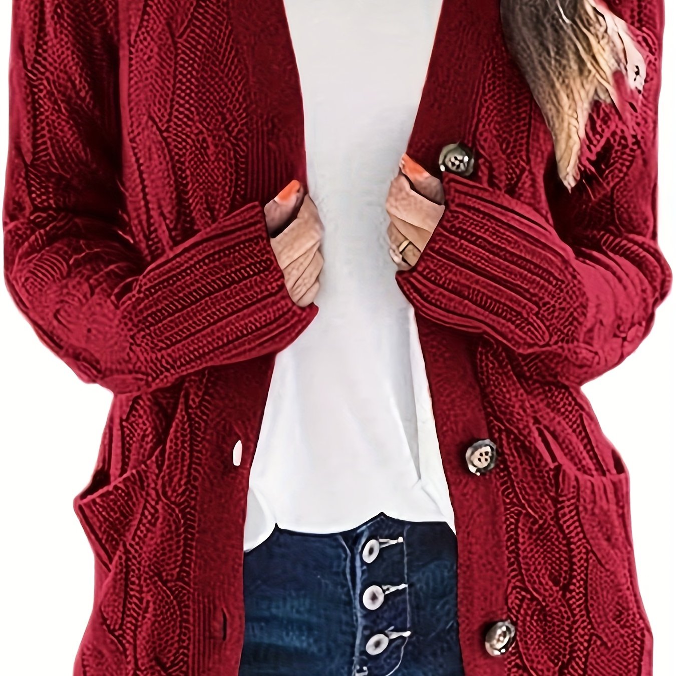 Warm Kabelgebreid Dames Vest Met Knopen En Zakken