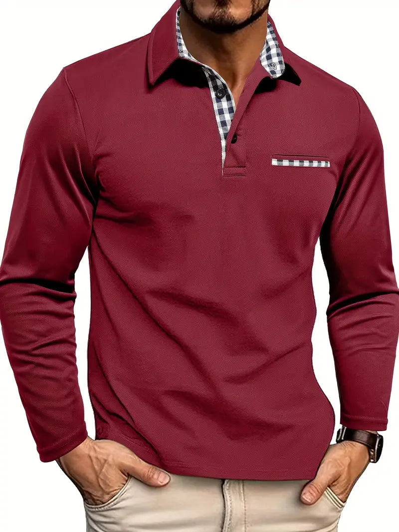 Heren Longsleeve Poloshirt Met Contrastkraag En Borstzakdetail