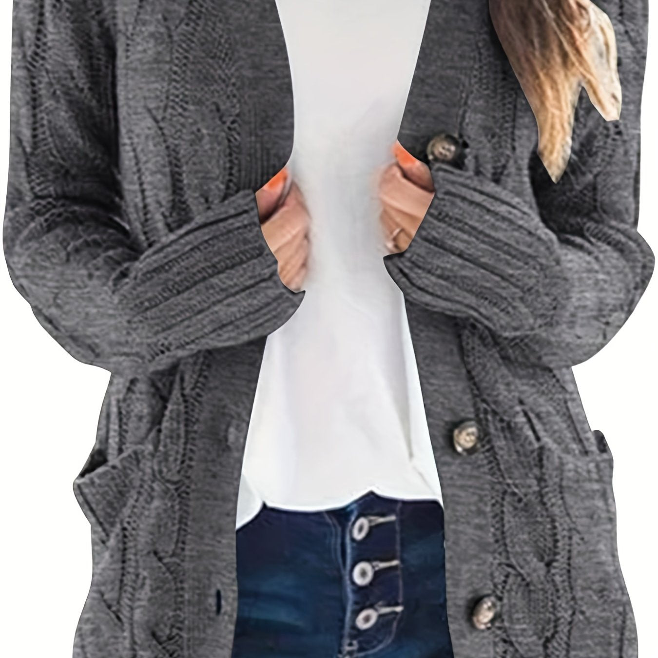 Warm Kabelgebreid Dames Vest Met Knopen En Zakken