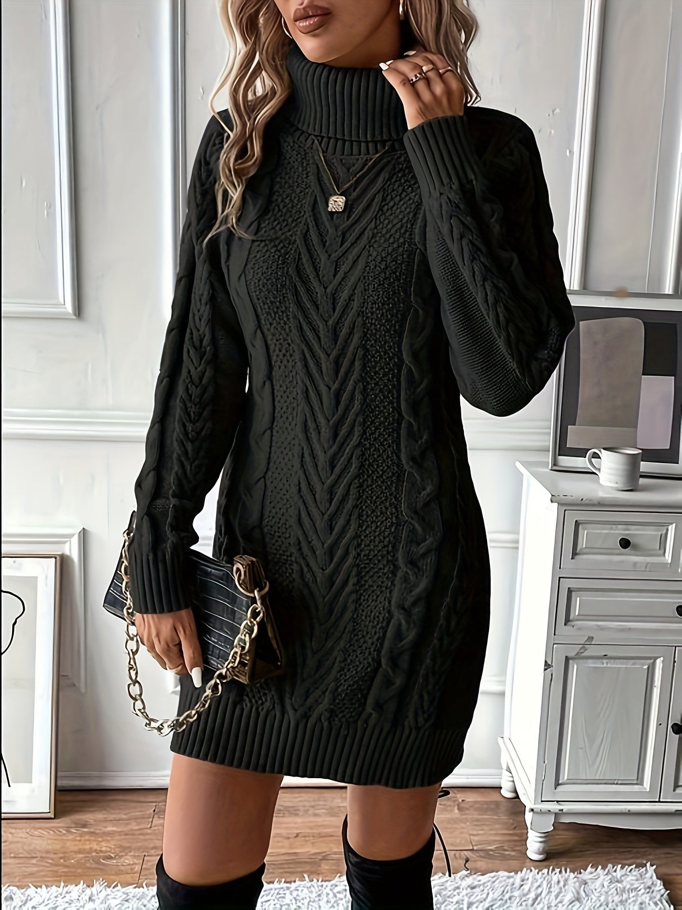Kabelgebreide Mini Sweaterjurk Met Col Voor Dames Winter