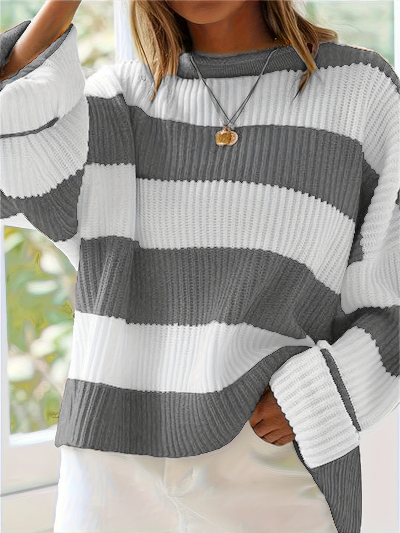 Gestreepte Oversized Trui Voor Dames Met Ronde Hals En Lange Mouwen