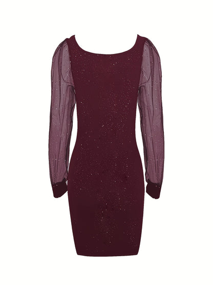 Glitter Midi Bodycon Cocktailjurk Voor Dames Met Mesh Mouwen