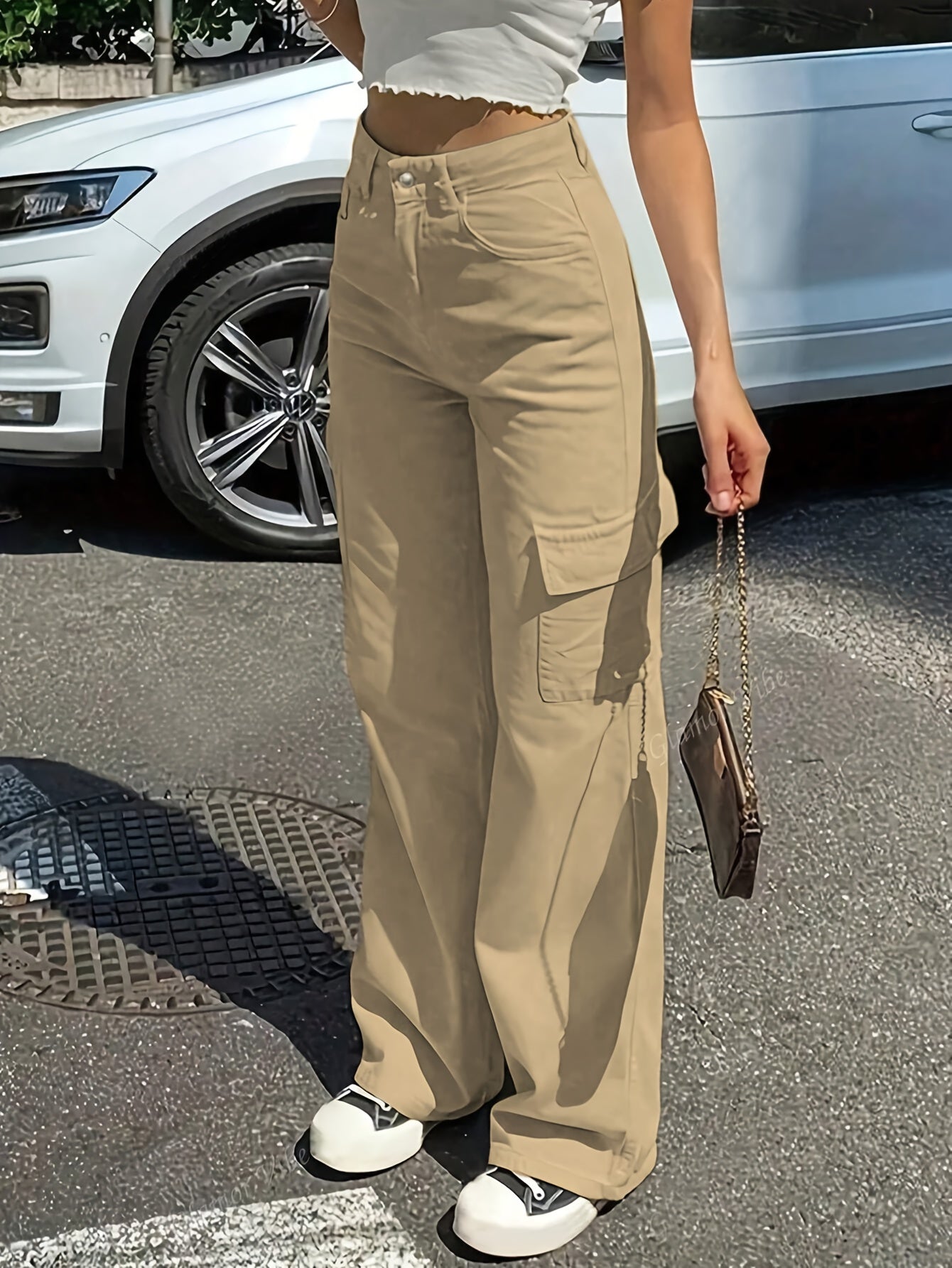 Trendy Hoge Taille Cargo Broek Voor Dames Met Wijde Pijpen En Zakken