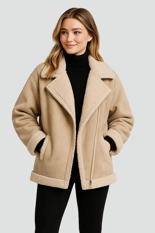 Dames Fleece Aviator Jas Met Rits En Warme Voerin