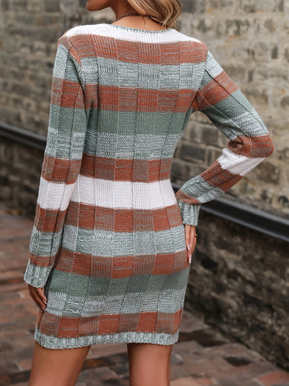 Geruite Gebreide Mini Sweaterjurk Voor Dames Met Zakken