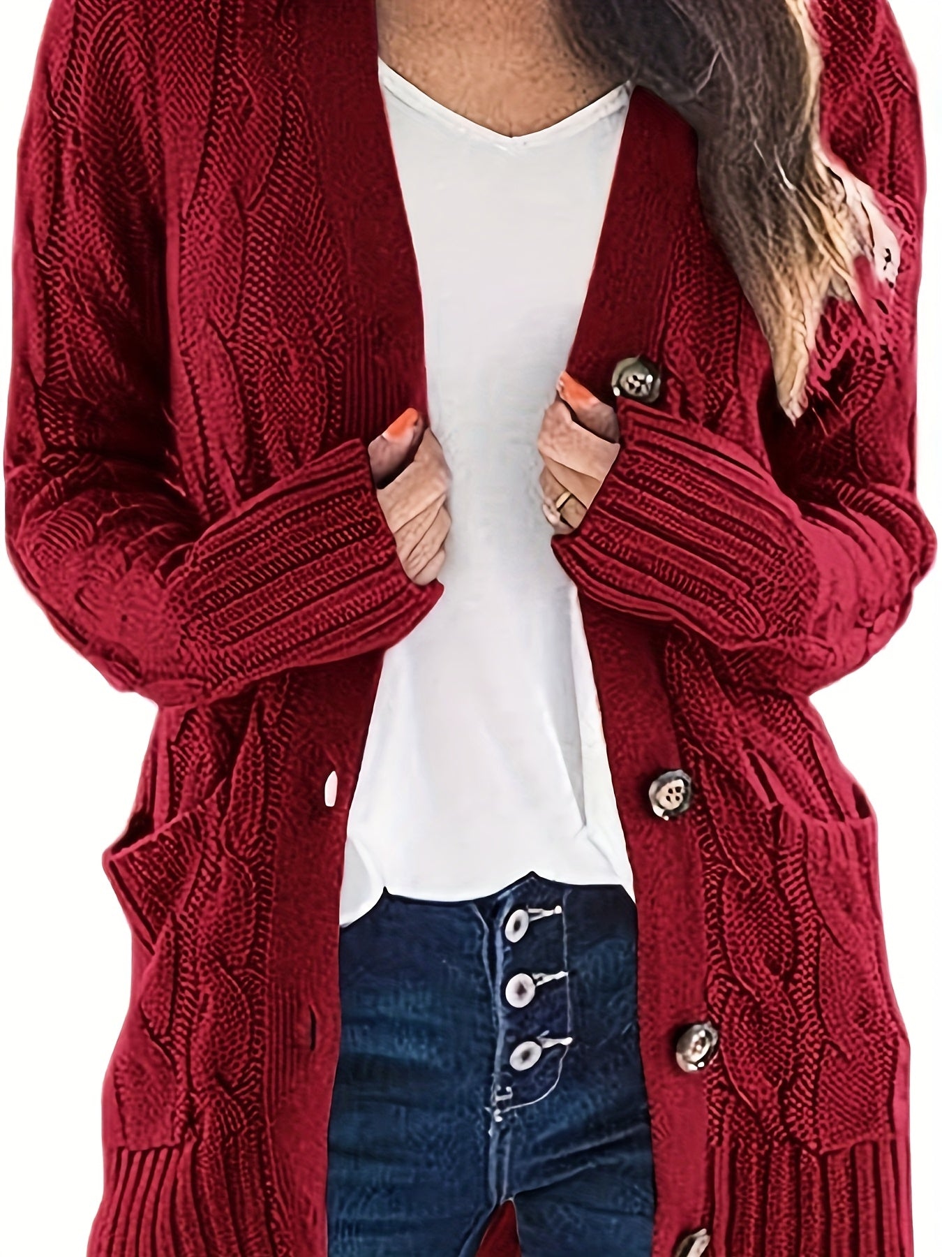 Warm Kabelgebreid Dames Vest Met Knopen En Zakken