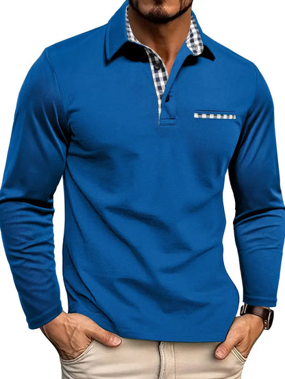 Heren Longsleeve Poloshirt Met Contrastkraag En Borstzakdetail