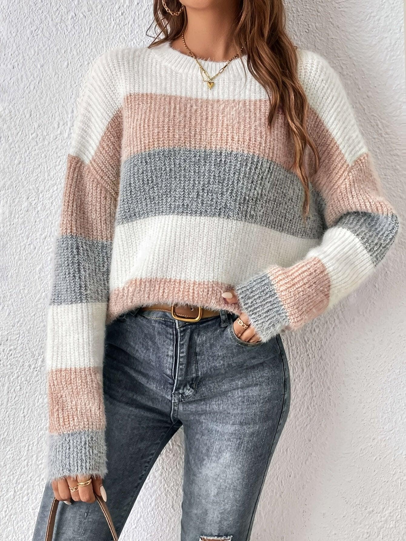 Gestreepte Winter Sweater Dames Lange Mouwen Gebreid
