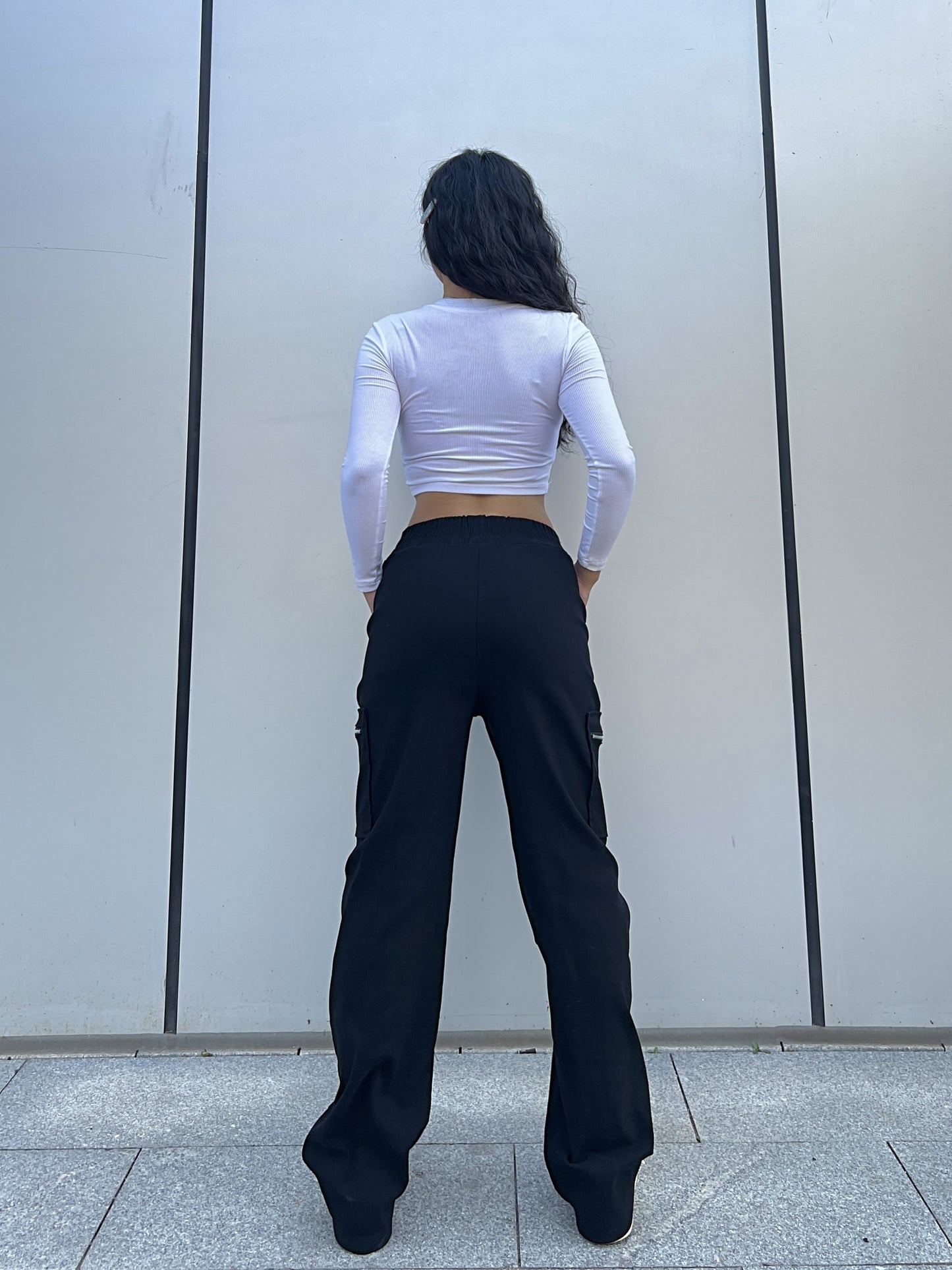 Stoere Zwarte High Waist Cargo Broek Voor Vrouwen Rechte Pijpen