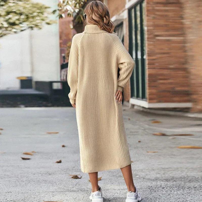 Warme Dames Gebreide Zachte Maxi Sweater Jurk met Col