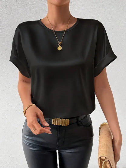 Katerina - Satijn afwerking T-shirt met opgerolde mouwen voor dames