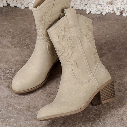 Dames Beige Elegante Cowboylaarzen Met Lage Hak