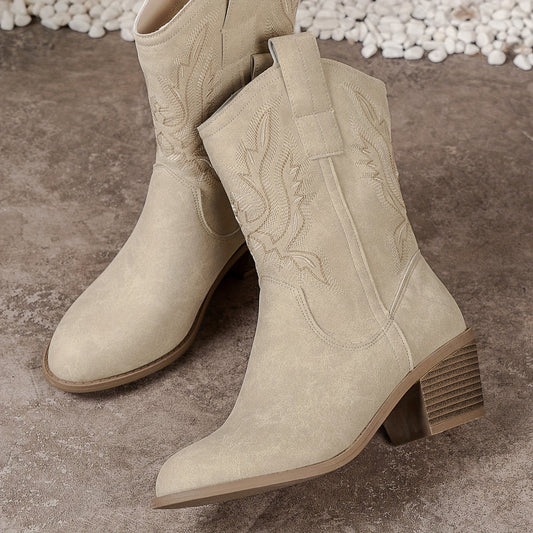 Dames Beige Elegante Cowboylaarzen Met Lage Hak