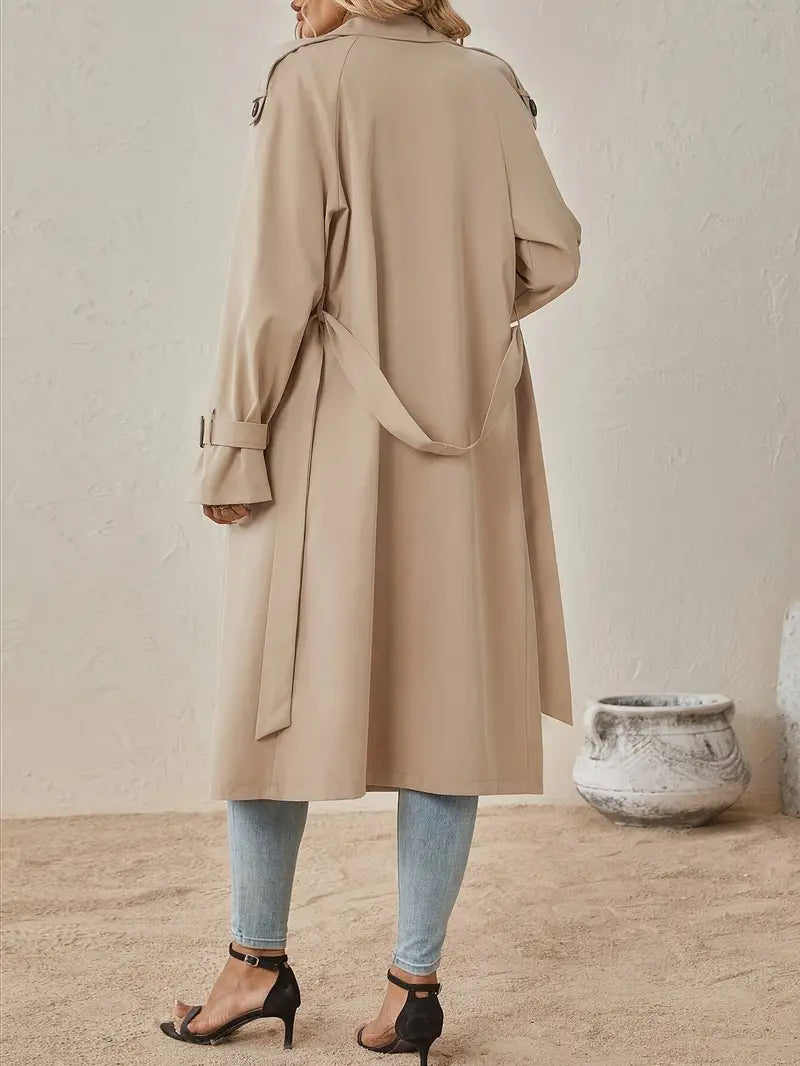 Beige Maxi Trenchcoat Dames Stijlvolle Dubbelrijg Jas Met Ceintuur