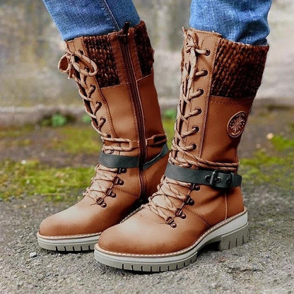 Winter Laarzen voor Dames met Veter en Rits Gebreide Boord Antislip Zool