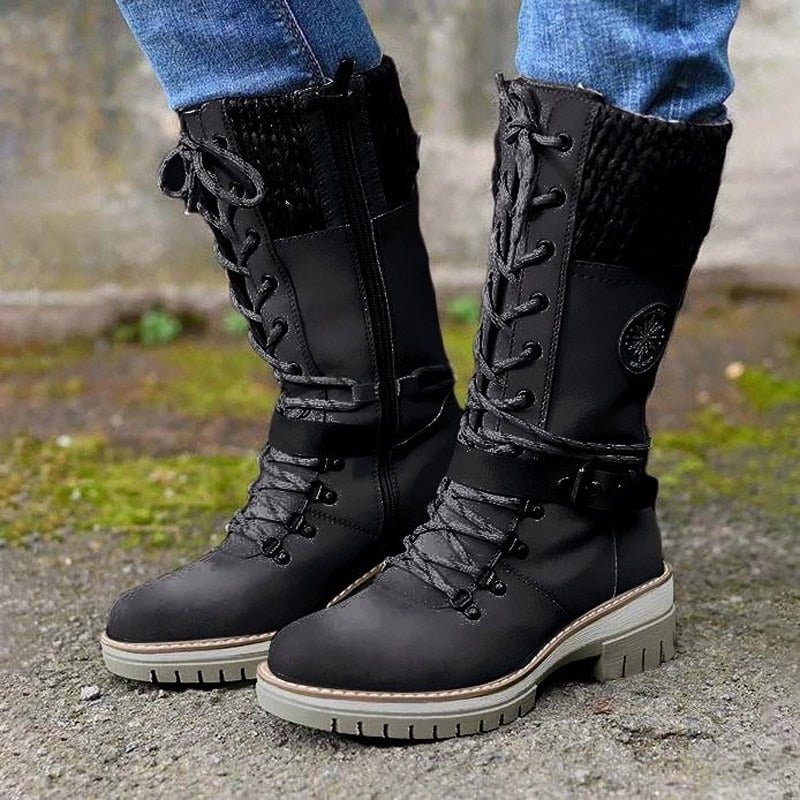 Winter Laarzen voor Dames met Veter en Rits Gebreide Boord Antislip Zool