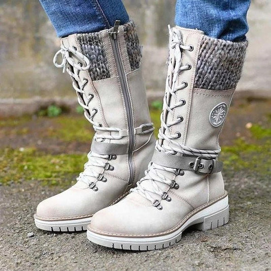 Winter Laarzen voor Dames met Veter en Rits Gebreide Boord Antislip Zool