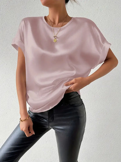 Katerina - Satijn afwerking T-shirt met opgerolde mouwen voor dames