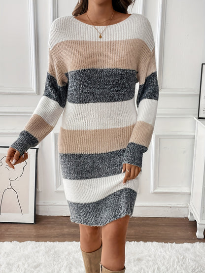 Dames Stijlvolle Gestreepte Mini Sweaterjurk Met Lange Mouwen
