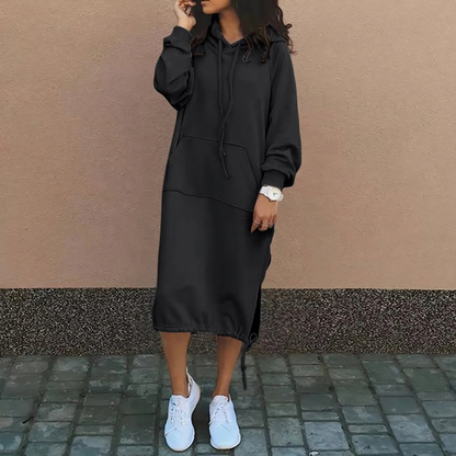 Comfortabele Midi Dames Sweaterjurk Met Hoodie