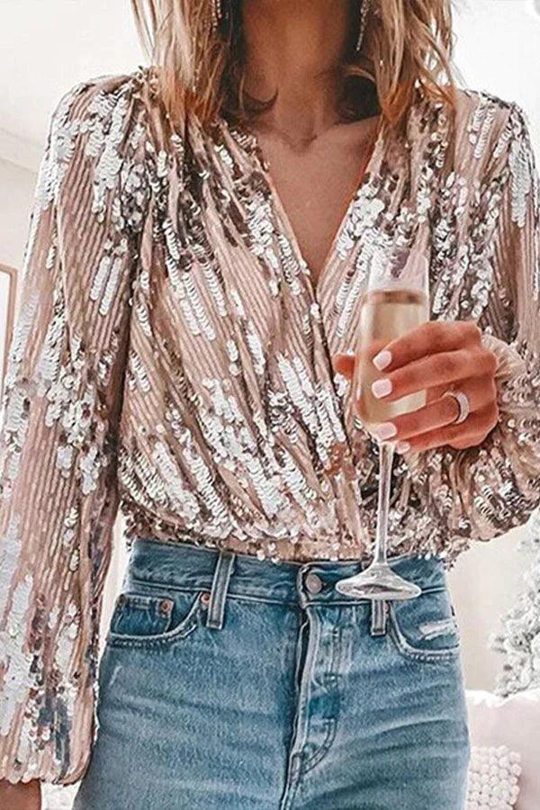 Lara - Glamoureuze Pailletten Blouse met Lange Mouwen