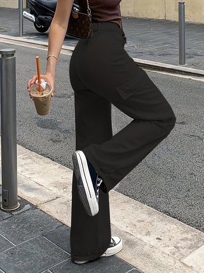Trendy Hoge Taille Cargo Broek Voor Dames Met Wijde Pijpen En Zakken
