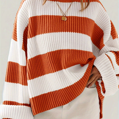 Gestreepte Oversized Trui Voor Dames Met Ronde Hals En Lange Mouwen